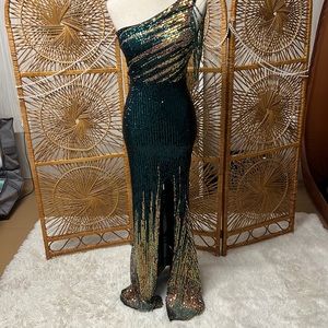 Emerald green and iridescent prom dress